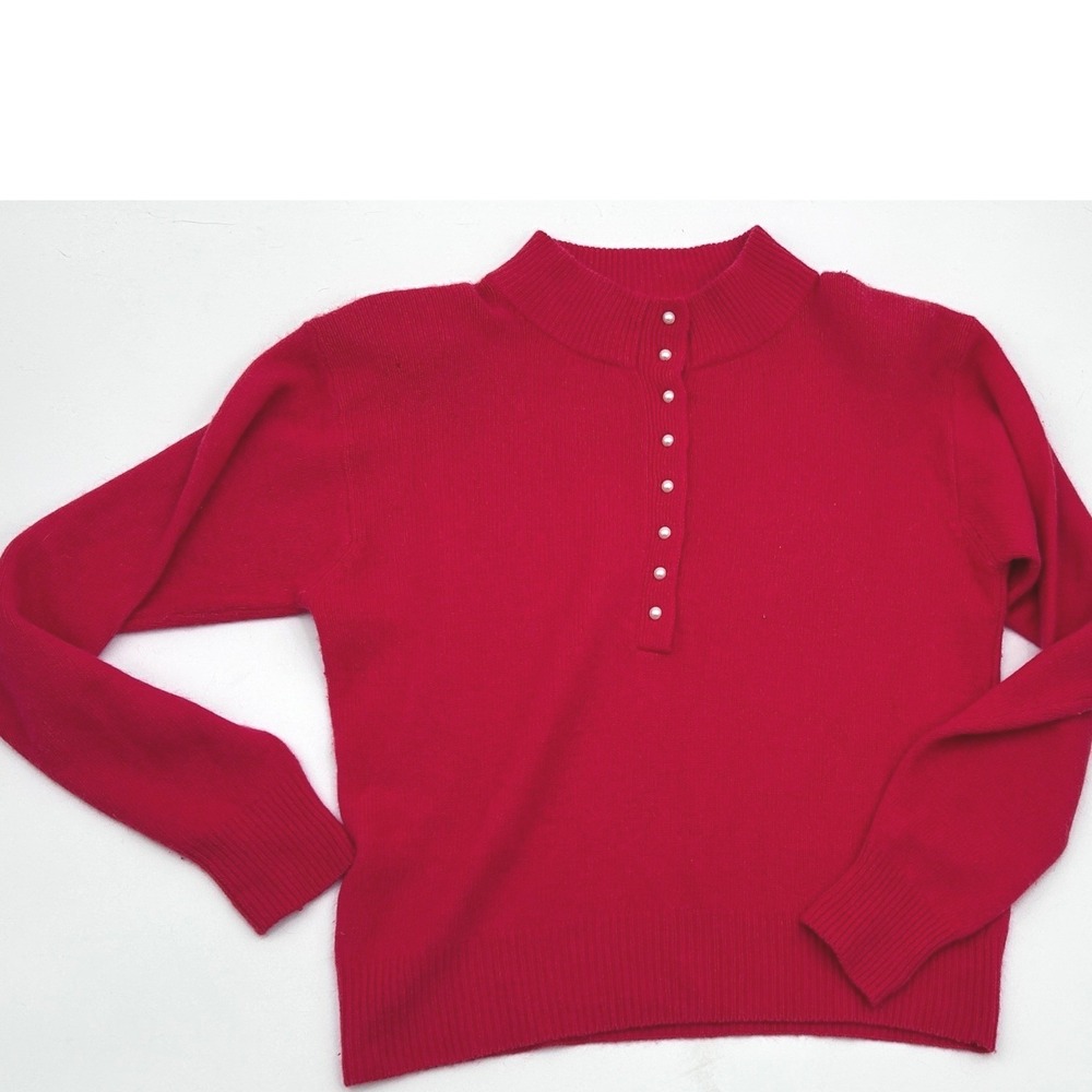 Vintage Christie & Jill Red Lambswool Angora Pearl Button Mock Neck Sweater L